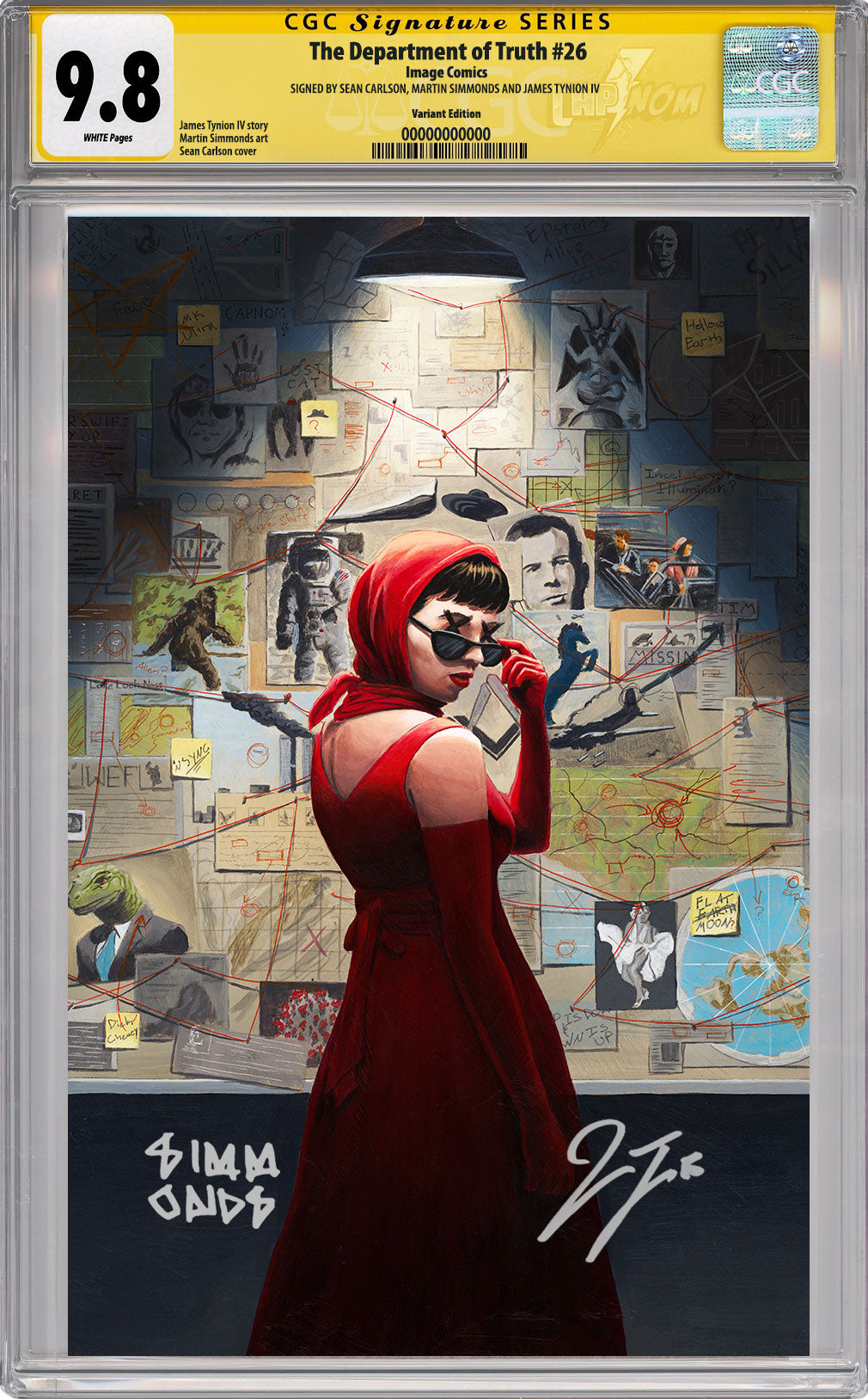 DEPARTMENT OF TRUTH #26 NYCC EXCLUSIVE VIRGIN COVER BY SEAN CARLSON (CONSPIRACIES GALORE) CGC SS 9.8 TRIPLE SIGNED BY CARLSON, SIMMONDS, & TYNION