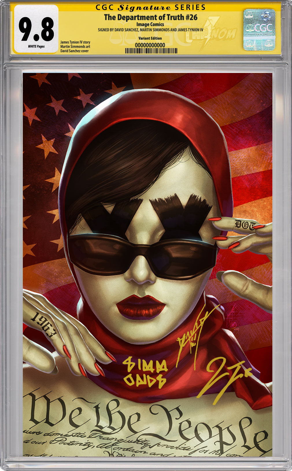 DEPARFTMENT OF TRUTH #26 NYCC EXCLUSIVE VIRGIN COVER BY DAVID SANCHEZ (THE COVER UP) CGC SS 9.8 TRIPLE SIGNED BY SANCHEZ, SIMMONDS & TYNION