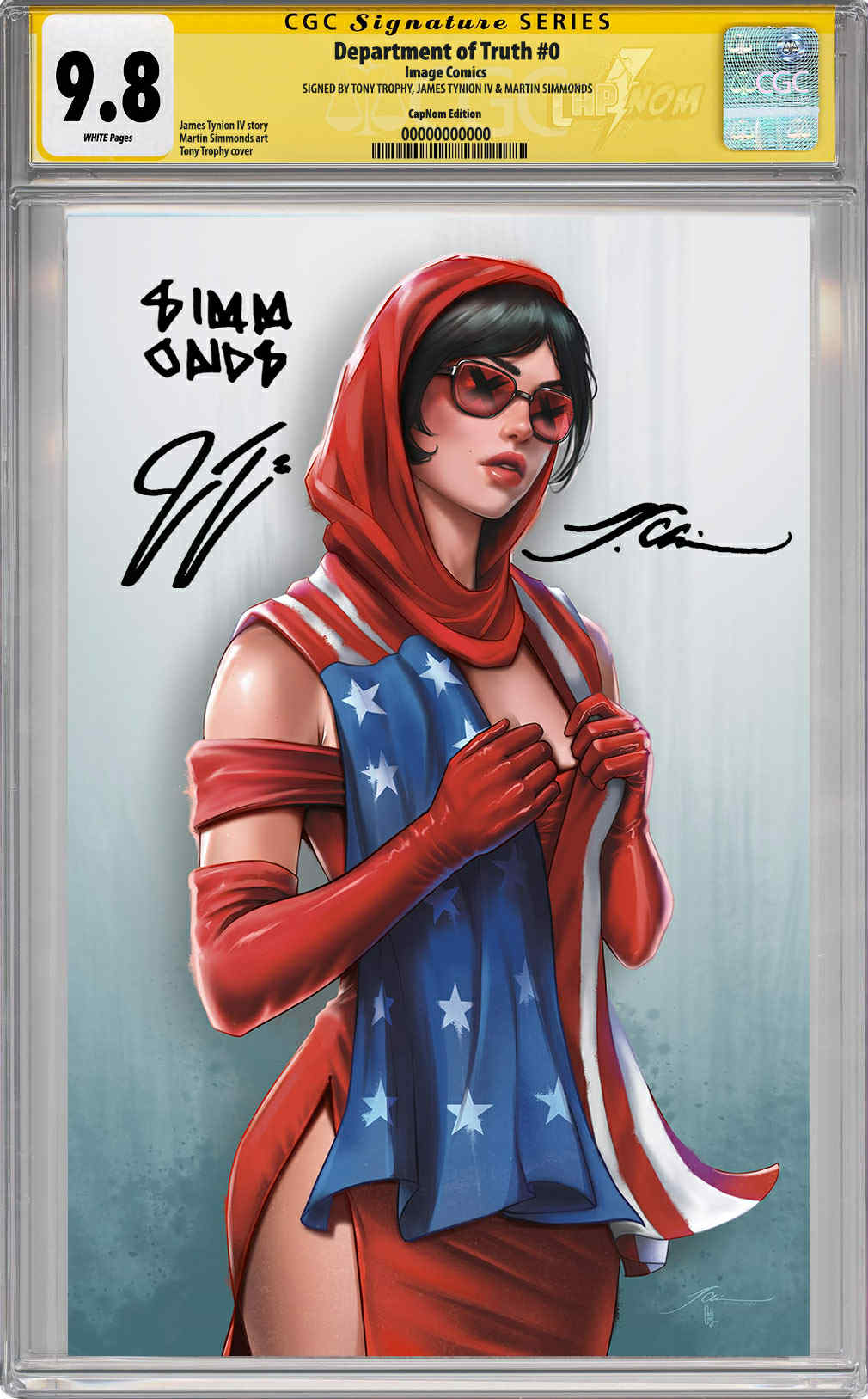 NYCC EXCLUSIVE DEPARTMENT OF TRUTH #0 TROPHY LADY IN RED GUARANTEED CGC 9.8 SS Signed by Tynion, Simmonds and Trophy