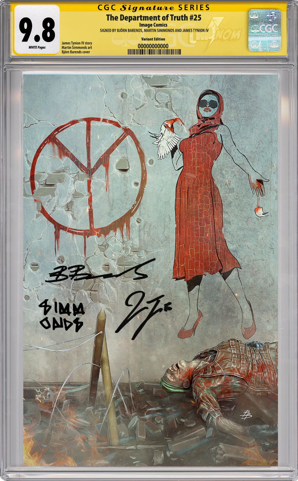 DEPARTMENT OF TRUTH #25 NYCC EXCLUSIVE BY BJORN BARENDS (PEACE & SACRIFICES) CGC SS 98.8 TRIPLE SIGNED BY SIMMONDS, BARRENDS & TYNION