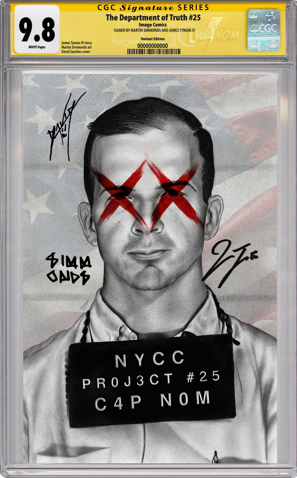 DEPARTMENT OF TRUTH #25 NYCC EXCLUSIVE BY DAVID SANCHEZ (BE THE CHANGE) CGC SS 9.8 TRIPLE SIGNED BY SANCHEZ, SIMMONDS & TYNION