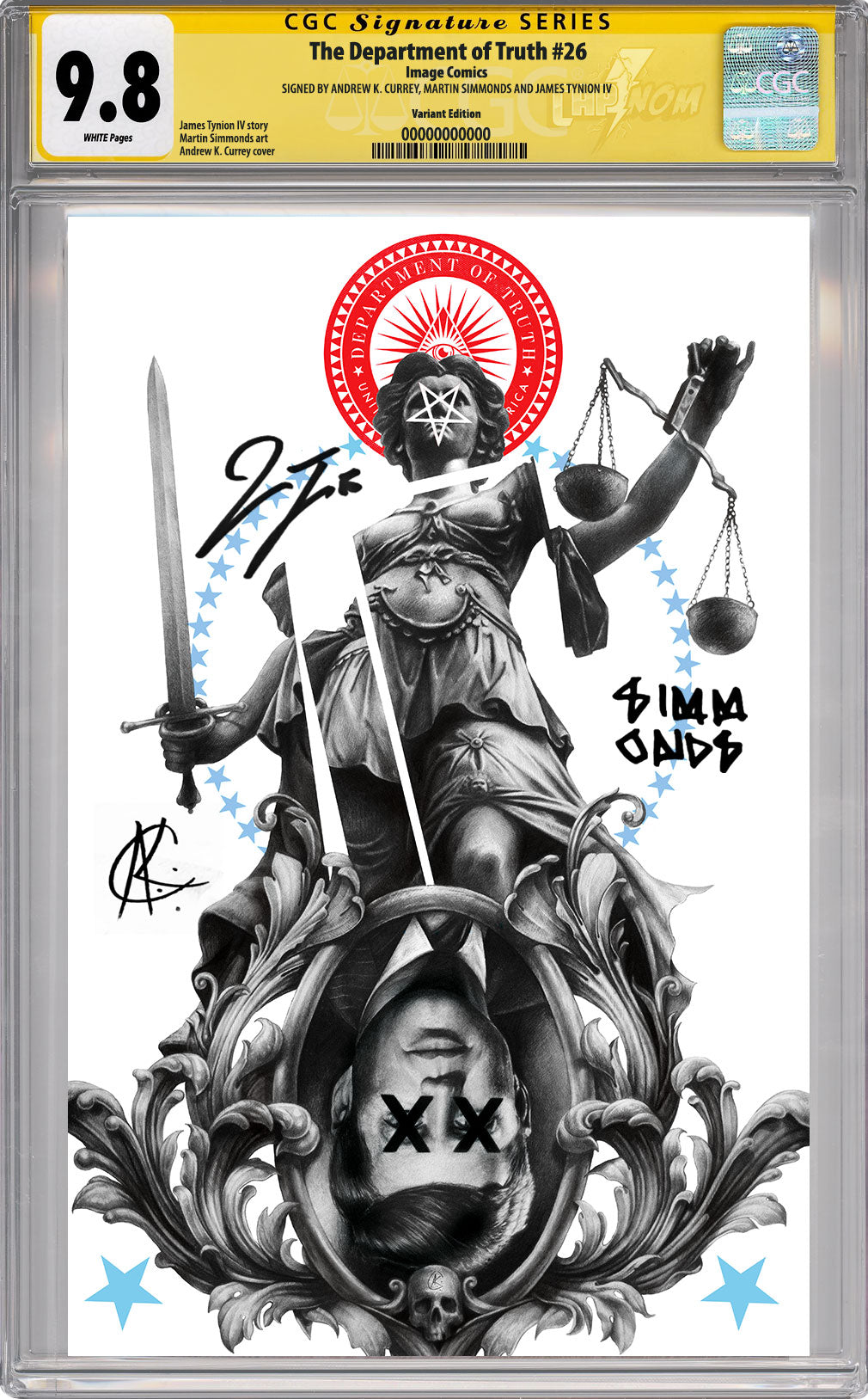 DEPARTMENT OF TRUTH #26 NYCC EXCLUSIVE VIRGIN COVER BY ANDREW K. CURREY (JUSTICE FOR ALL) CGC SS 9.8 TRIPLE  SIGNED BY CURREY, SIMMONDS & TYNION