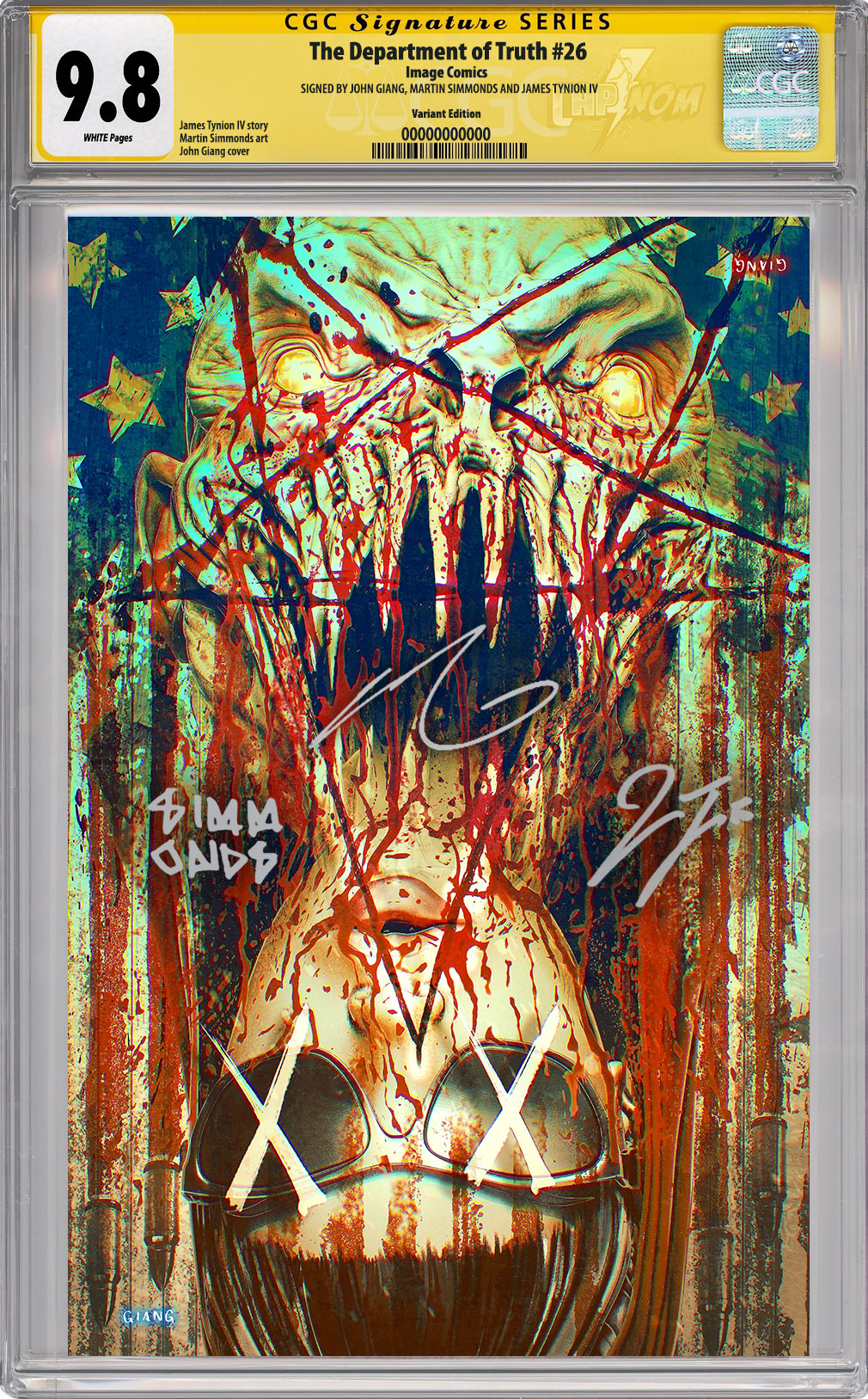 DEPARTMENT OF TRUTH #26 NYCC EXCLUSIVE VIRGIN COVER BY JOHN GIANG (PERSPECTIVE) CGC SS 9.8 TRIPLE SIGNED BY GIANG, SIMMONDS & TYNION