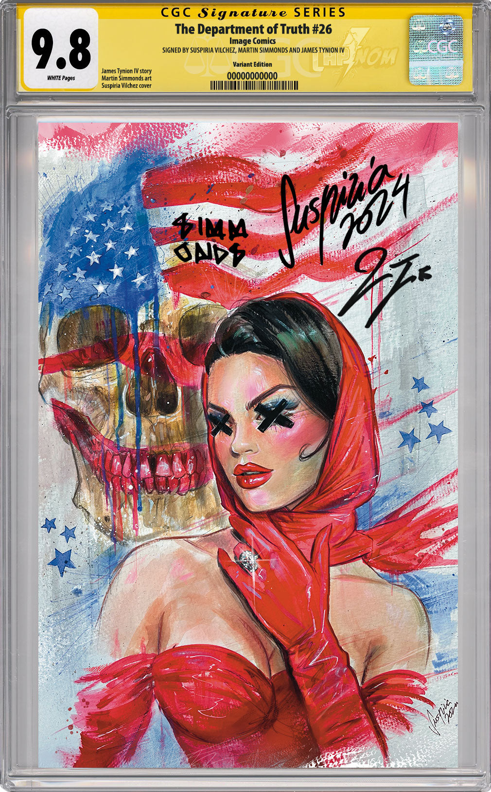 DEPARTMENT OF TRUTH #26 NYCC EXCLUSIVE VIRGIN COVER BY SUSPIRIA VILCHEZ (MELTED SMILES) CGC SS 9.8 TRIPLE SIGNED BY VILCHEZ, SIMMONDS, & TYNION