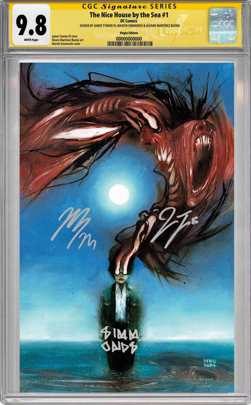 NICE HOUSE BY THE SEA #1 NYCC EXCLUSIVE VIRGIN COVER BY MARTIN SIMMONDS CGC SS 9.8 TRIPLE SIGNED BY BUENO, SIMMONDS & TYNION